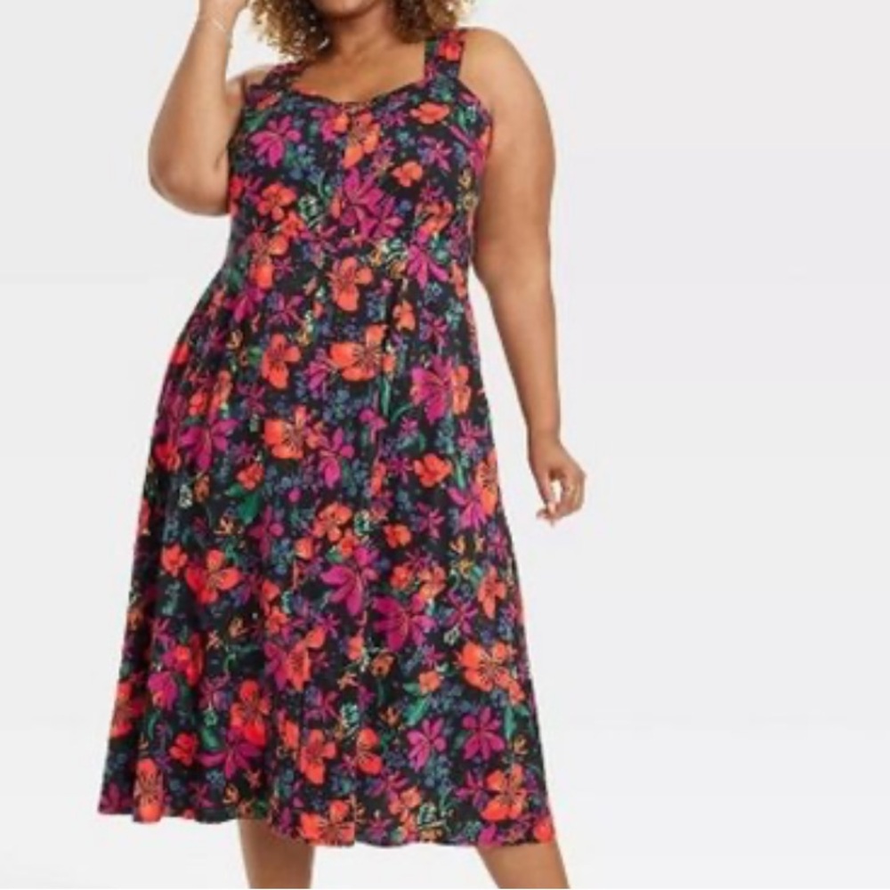 Ava & Viv ladies plus black floral print button-front sundress
